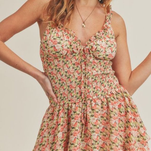 Boho Floral Printed Tie Front Ruffle Tiered Smocked Mini Dress - Picture 2 of 4